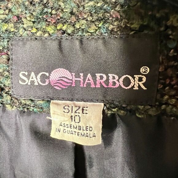 VTG Sag Harbor Green Tweed Blazer Jacket Sz 10 Lined Four Buttons Shoulder Pads - Picture 7 of 9